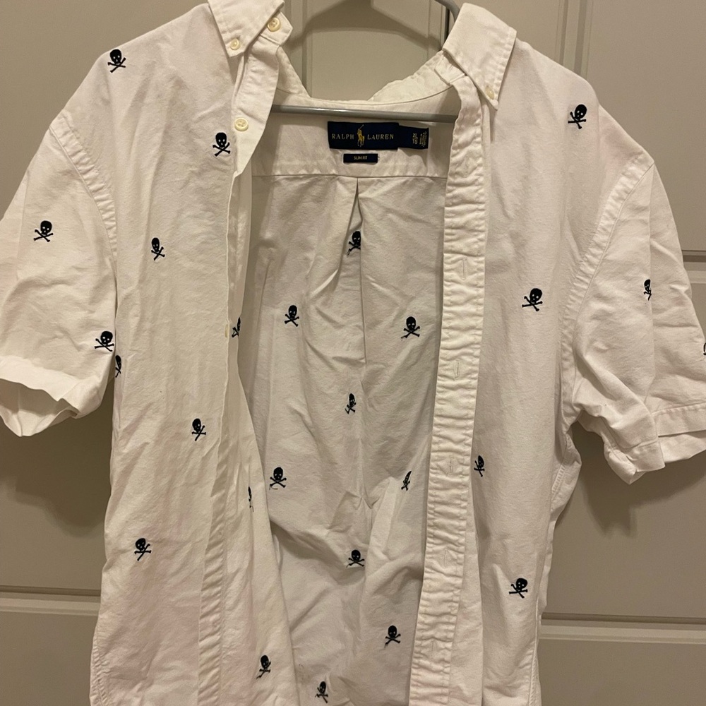 White Polo Ralph Lauren Short Sleeve Button Down Skull- XL Slim Fit